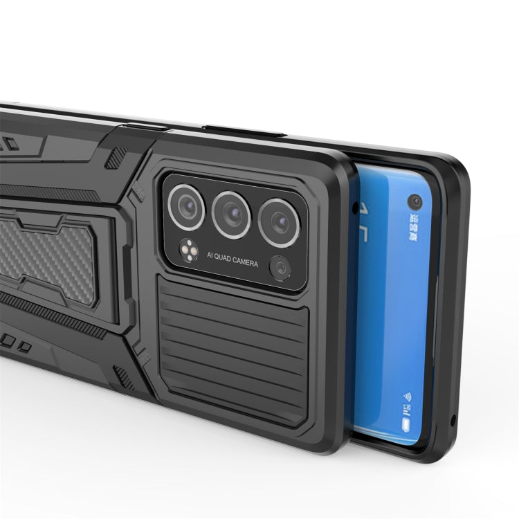 Black armored phone case close-up with triple camera shield and textured back
