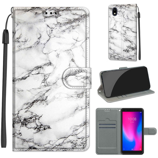 White marble PU leather phone case with magnetic clasp, horizontal flip and card slots