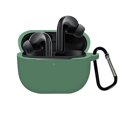 Dark green silicone earbud charging case cover with carabiner clip, full coverage