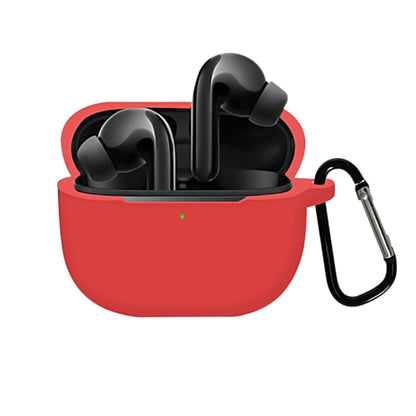 Red silicone earbud charging case cover with carabiner clip, full coverage