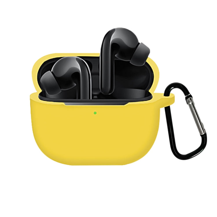 Yellow silicone earbud charging case cover with carabiner clip, full coverage