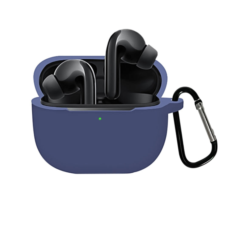 Blue silicone earbud charging case cover with carabiner clip, full coverage
