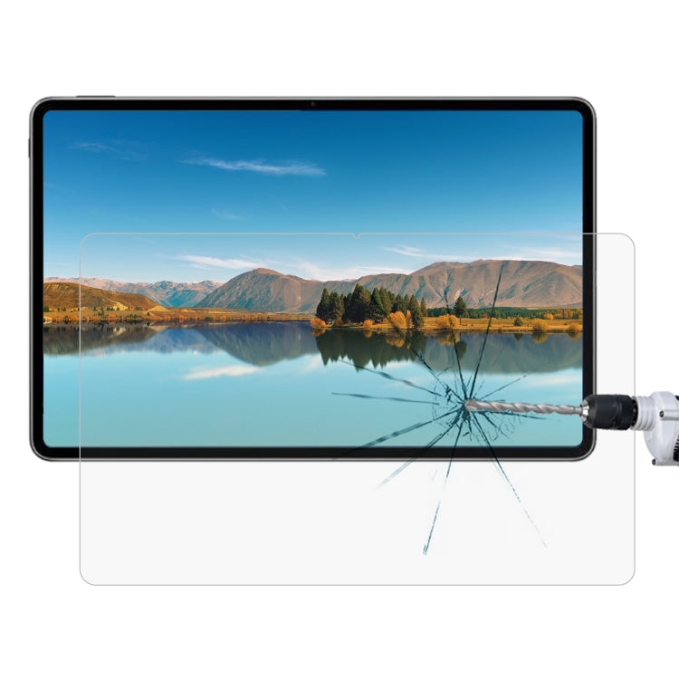 Tablet tempered glass screen protector installed with anti-shatter film and crack pattern on glass