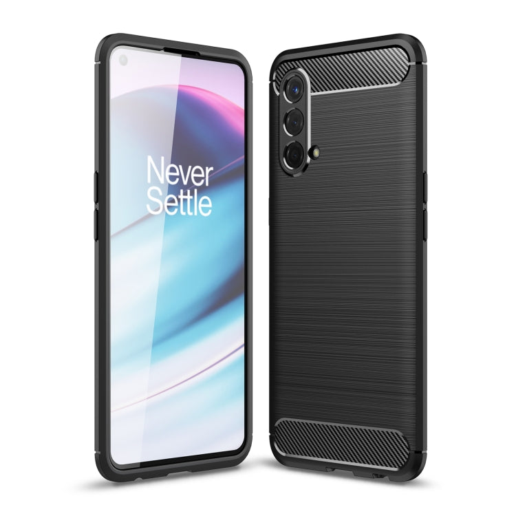 Black carbon fiber TPU phone case with brushed texture, dual camera cutouts, raised edges.