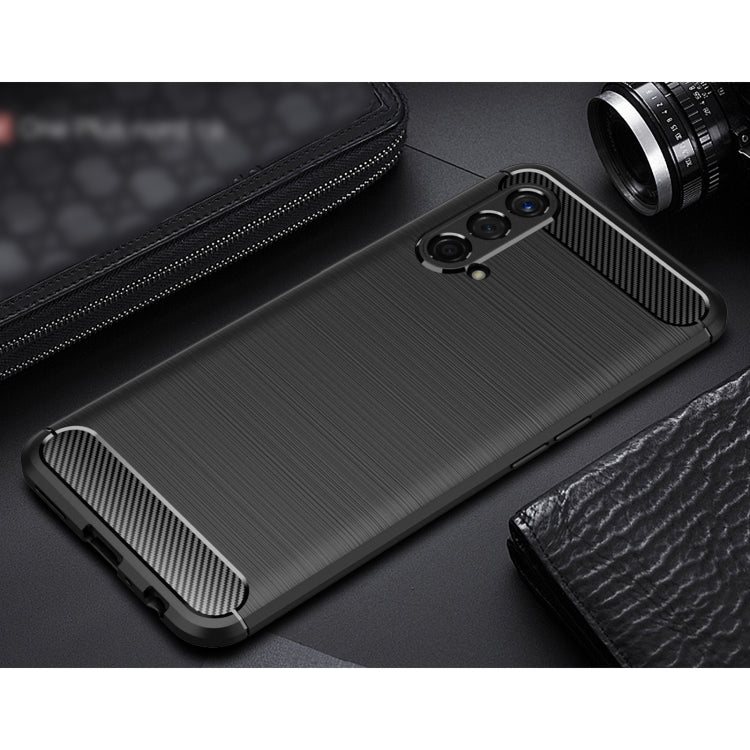 Black TPU phone case with brushed carbon-fiber texture and textured side grip frame.