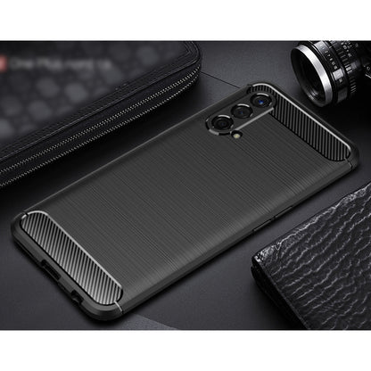 Black TPU phone case with brushed carbon-fiber texture and textured side grip frame.