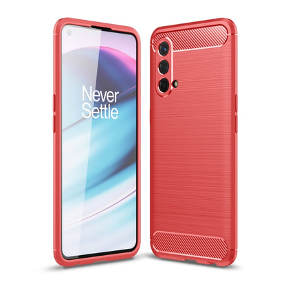 Red carbon fiber TPU phone case with brushed texture, dual camera cutouts, raised corner guards.