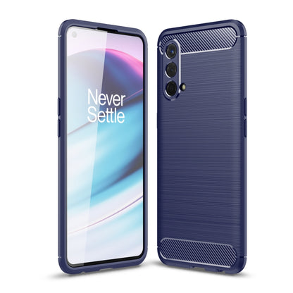 Navy blue carbon fiber TPU phone case with brushed texture, dual camera cutouts, raised edges.