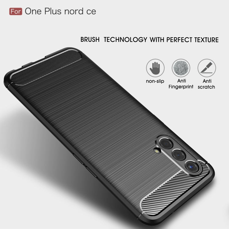 Black brushed carbon fiber TPU phone case with textured back, camera opening, slim profile.