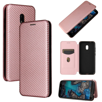 Pink carbon fiber texture magnetic flip phone case with card slot and view window