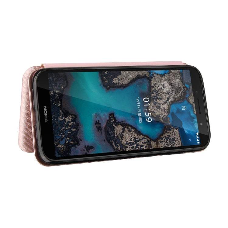 Pink carbon fiber texture magnetic flip case with phone screen on display