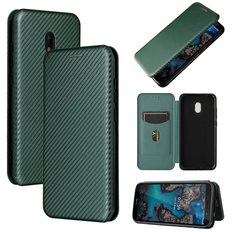 Green carbon fiber texture magnetic flip phone case with card slot and view window