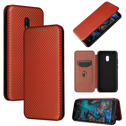 Brown-red carbon fiber texture magnetic flip phone case with card slot and view window