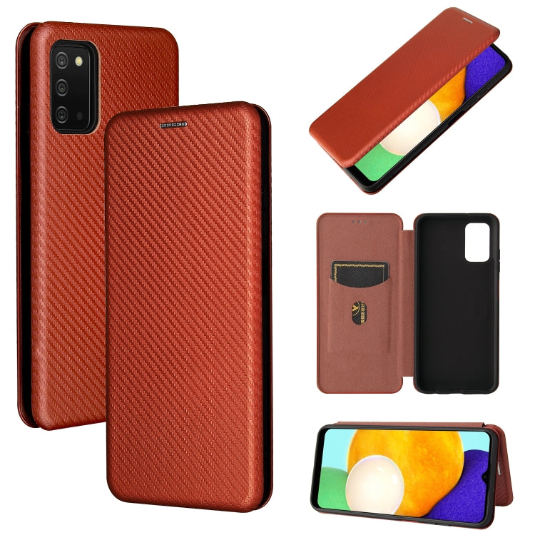 Brown magnetic flip phone case with carbon-fiber texture and card slot, horizontal style