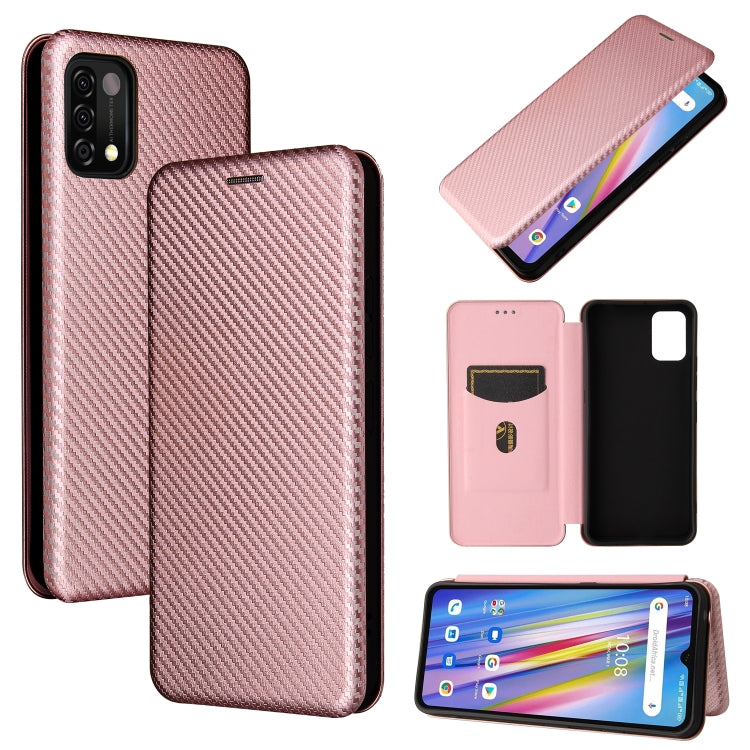 Pink magnetic flip phone case with carbon-fiber texture and card slot, phone shown in use