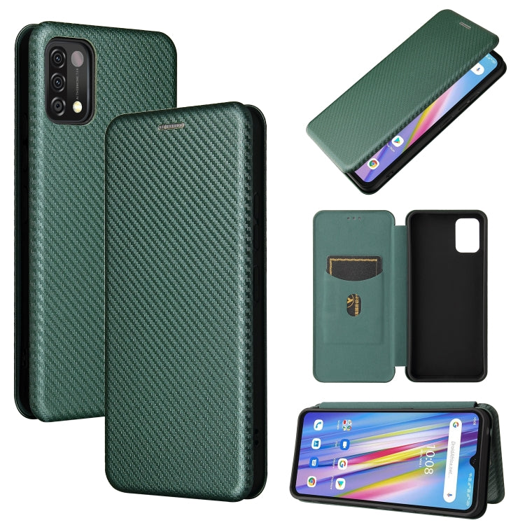 Green magnetic flip phone case with carbon-fiber texture and card slot, phone shown in use