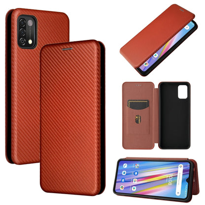 Brown magnetic flip phone case with carbon-fiber texture and card slot, phone shown in use