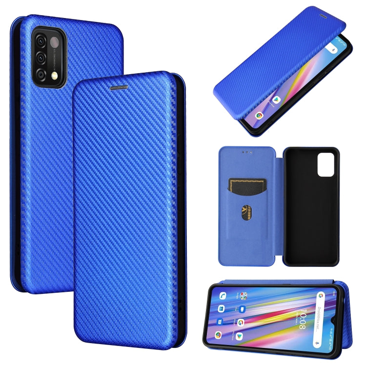 Blue magnetic flip phone case with carbon-fiber texture and card slot, phone shown in use