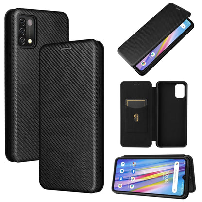 Black magnetic flip phone case with carbon-fiber texture and card slot, phone shown in use