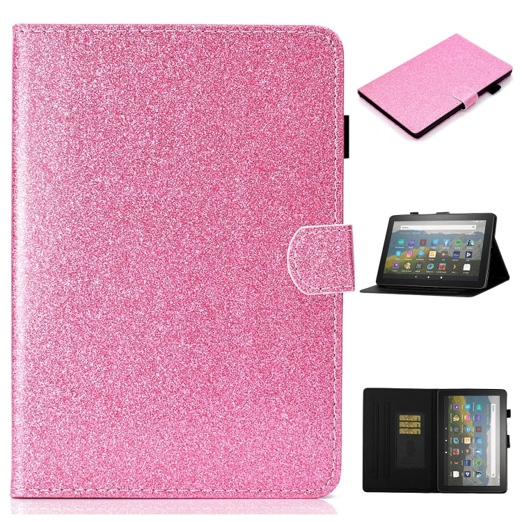 Pink glitter flip leather tablet case with card slots, holder, and sleep/wake cover.