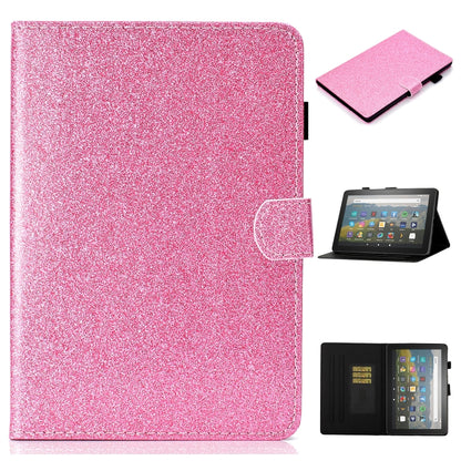Pink glitter flip leather tablet case with card slots, holder, and sleep/wake cover.