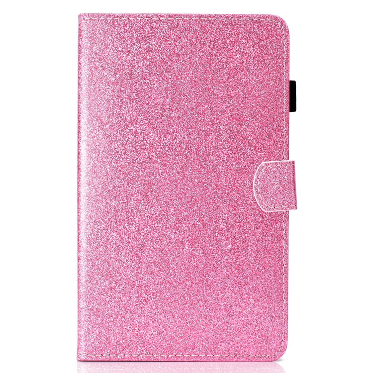 Pink glitter horizontal flip tablet case with card-slot flap and secure side clasp.