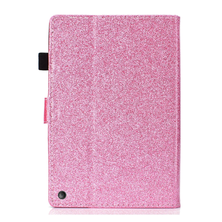Pink glitter flip tablet case with smooth back and camera cutout.
