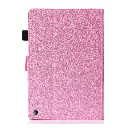 Pink glitter flip tablet case with smooth back and camera cutout.