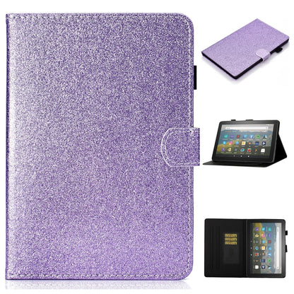 Purple glitter flip leather tablet case with card slots, holder, and sleep/wake cover.