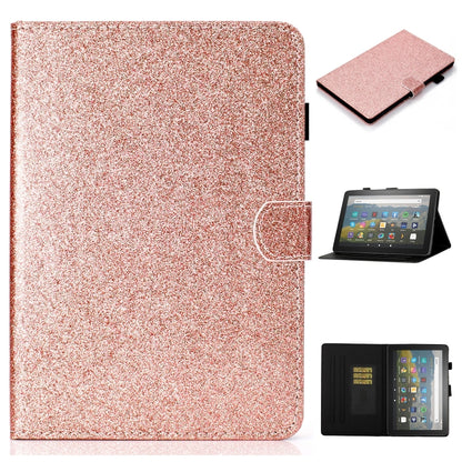 Rose gold glitter flip leather tablet case with card slots, holder, and sleep/wake cover.