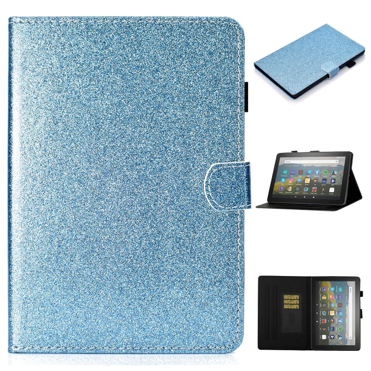 Blue glitter flip leather tablet case with card slots, holder, and sleep/wake cover.