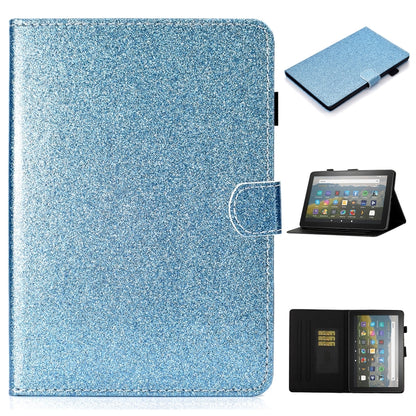 Blue glitter flip leather tablet case with card slots, holder, and sleep/wake cover.