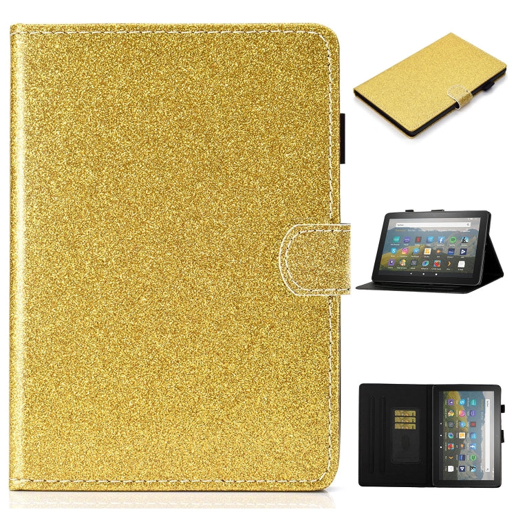 Gold glitter flip leather tablet case with card slots, holder, and sleep/wake cover.