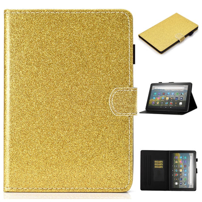 Gold glitter flip leather tablet case with card slots, holder, and sleep/wake cover.