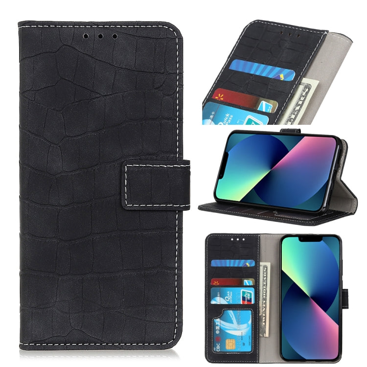 Black crocodile-texture flip leather phone wallet with card slots and viewing stand