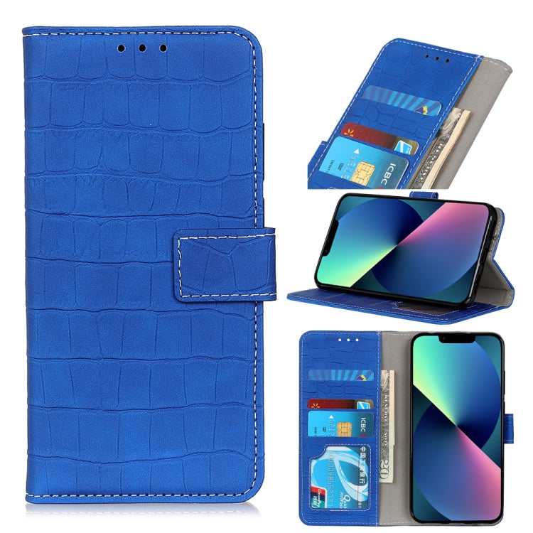 Blue crocodile-texture flip leather phone case with card slots and stand holder