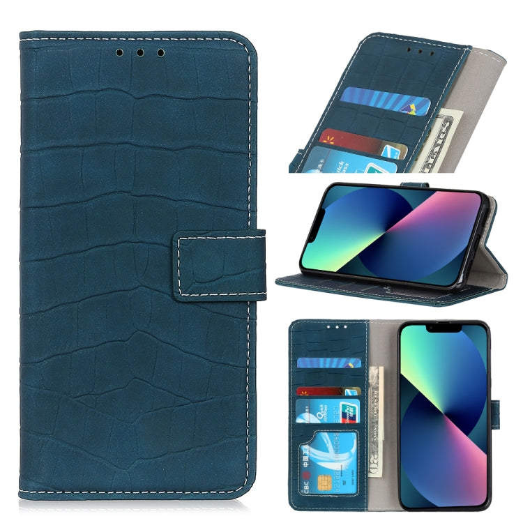 Blue crocodile-texture leather flip phone wallet case open, showing card slots and kickstand