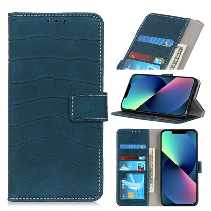 Blue crocodile-texture leather flip phone wallet case open, showing card slots and kickstand
