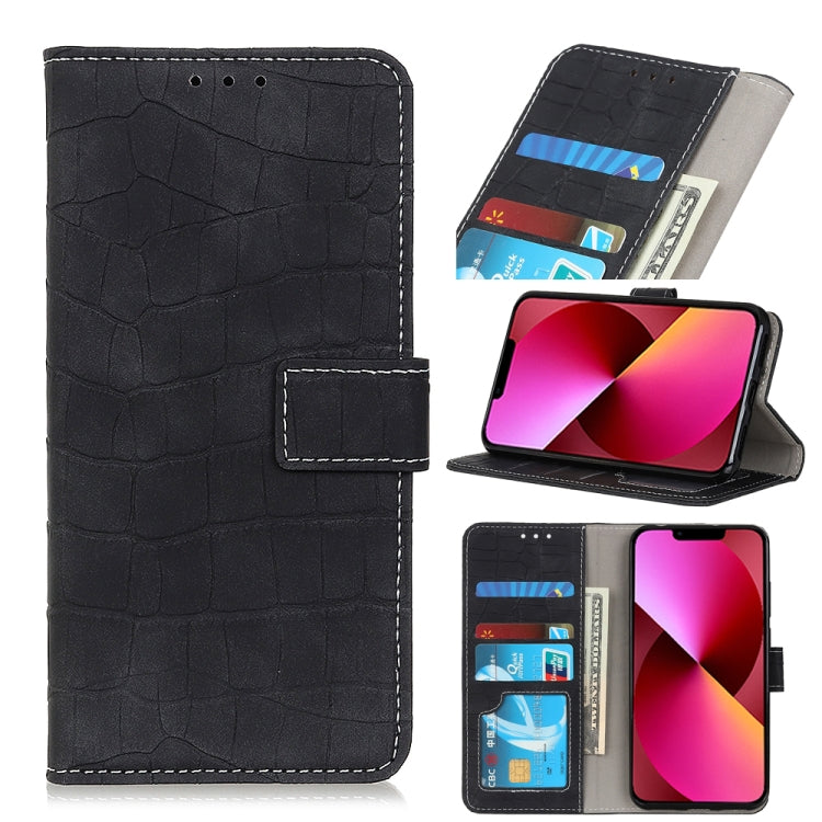 Black crocodile-texture flip leather phone wallet with card slots and stand view