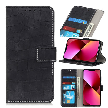 Black crocodile-texture flip leather phone wallet with card slots and stand view