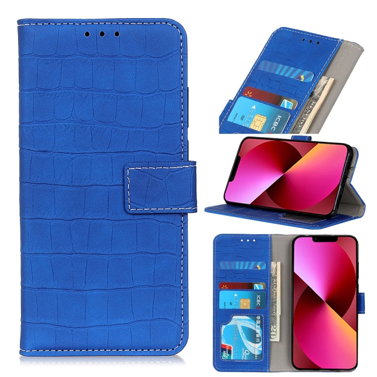 Blue crocodile-texture flip leather phone case with card slots and stand holder
