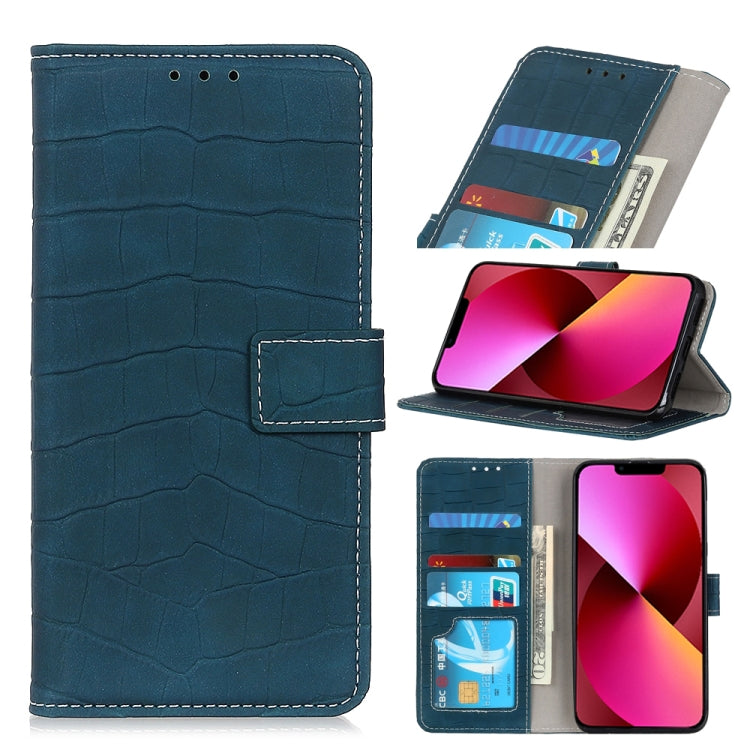 Blue crocodile-texture leather phone wallet case with flip cover, card slots, and viewing stand