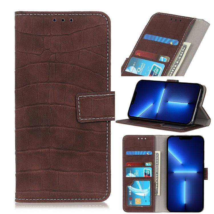 Brown crocodile-texture flip leather phone case with card slots and stand holder