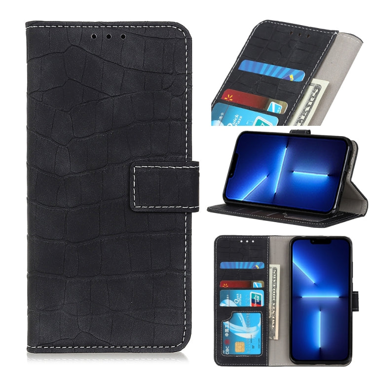 Black crocodile-texture leather flip phone wallet with card slots and stand feature