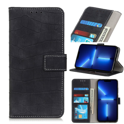 Black crocodile-texture leather flip phone wallet with card slots and stand feature