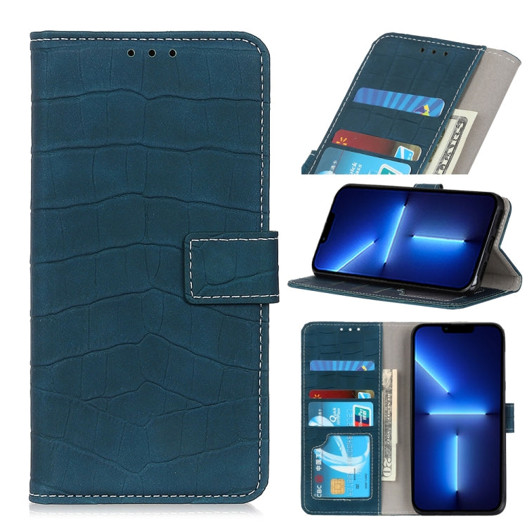 Blue crocodile-texture leather phone case wallet with flip cover, card slots, and stand