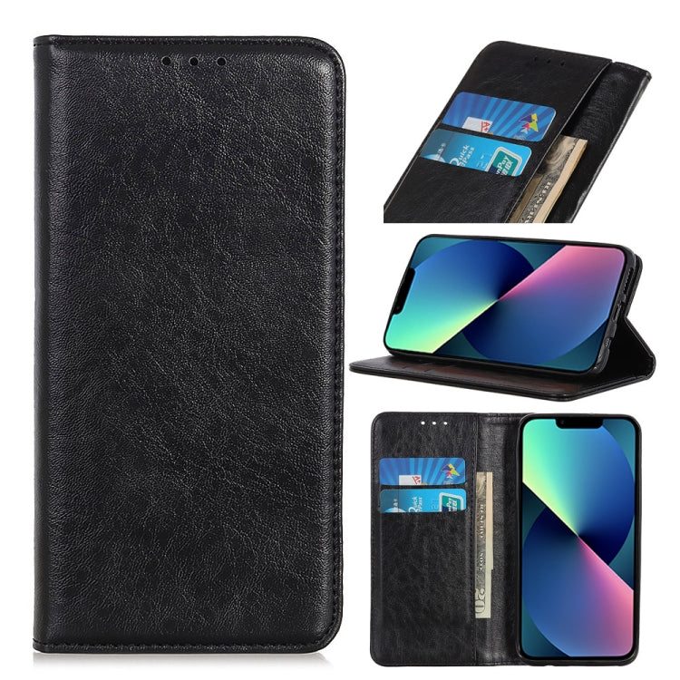 Black leather-style magnetic flip phone case with card slots and wallet holder.