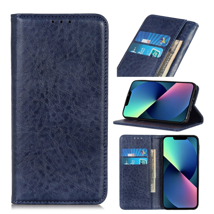 Blue leather folio phone case with magnetic flap and card slots, front view