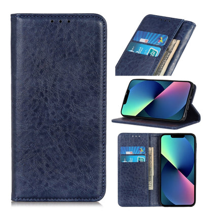 Blue leather folio phone case with magnetic flap and card slots, front view