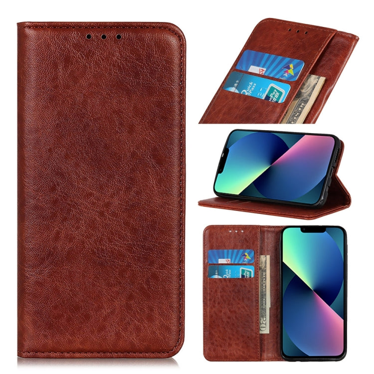 Brown leather horizontal flip phone case with magnetic closure and card slots, front view